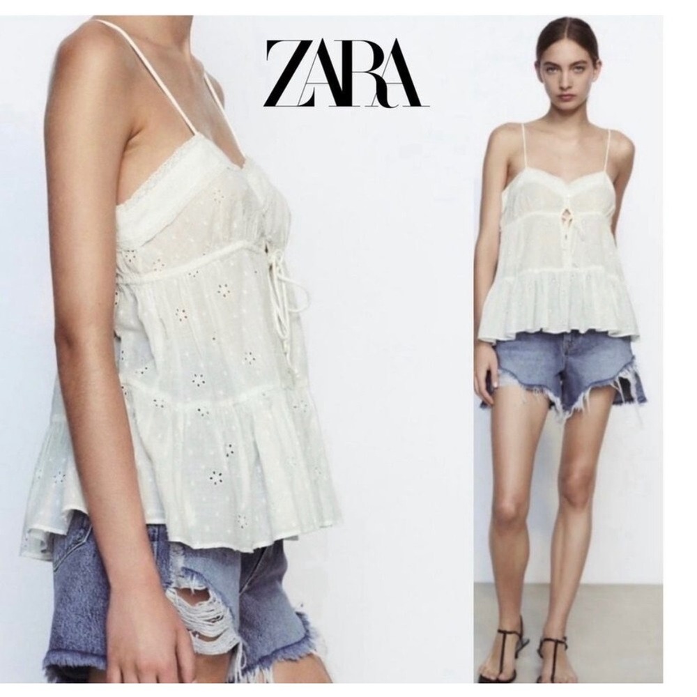Zara White Eyelet Embroidered Babydoll Cami Top Size M Cottagecore Boho